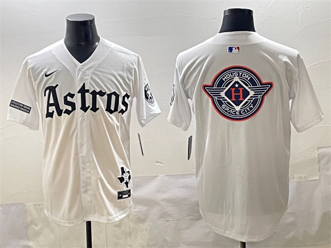 Men's Houston Astros Team Big Logo White Gothic 'Houston Born Barrio Raised' Limited Stitched Baseball Jersey 002 Men's Houston Astros Team Big Logo White Gothic 'Houston Born Barrio Raised' Limited Stitched Baseball Jersey 002